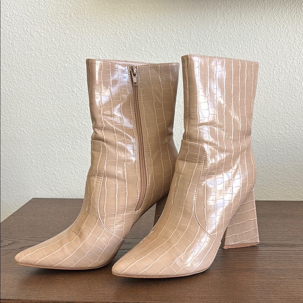 Chic Beige Croc-Embossed Heeled Boots